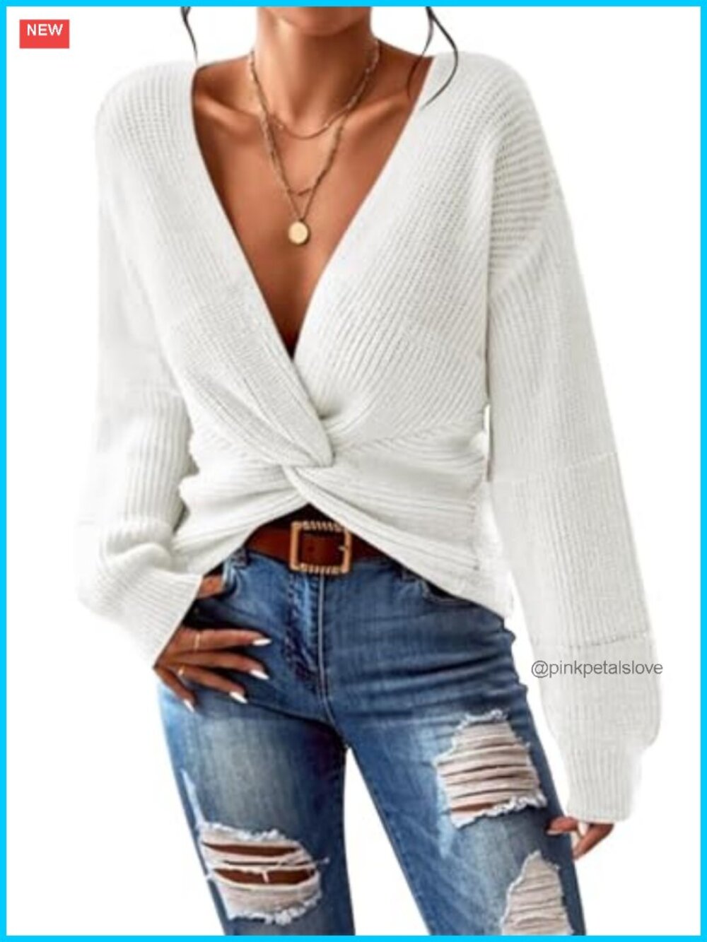 Women's Deep V Neck Twist Front Cropped Knit Sweater Pullover